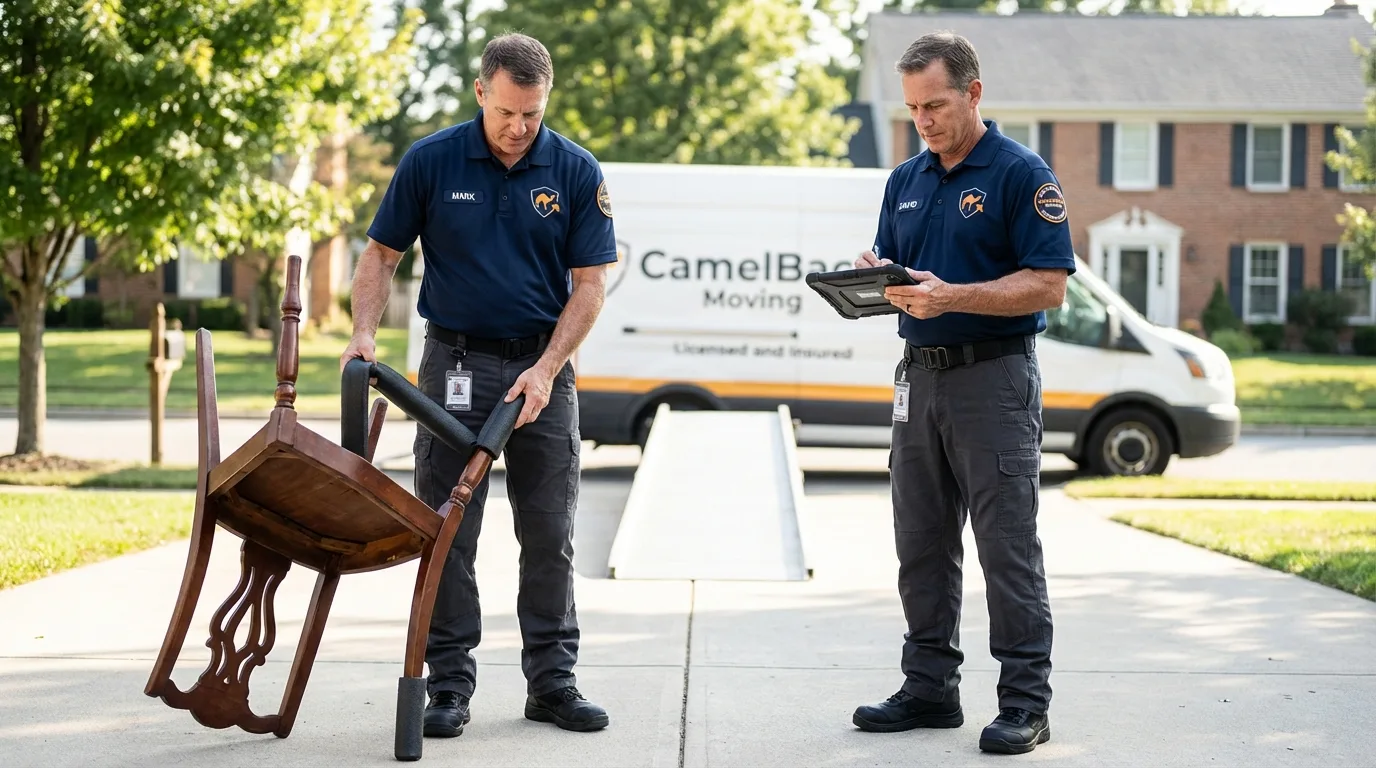 Movers inspecting furniture for damage prevention before loading in Shelby, AL