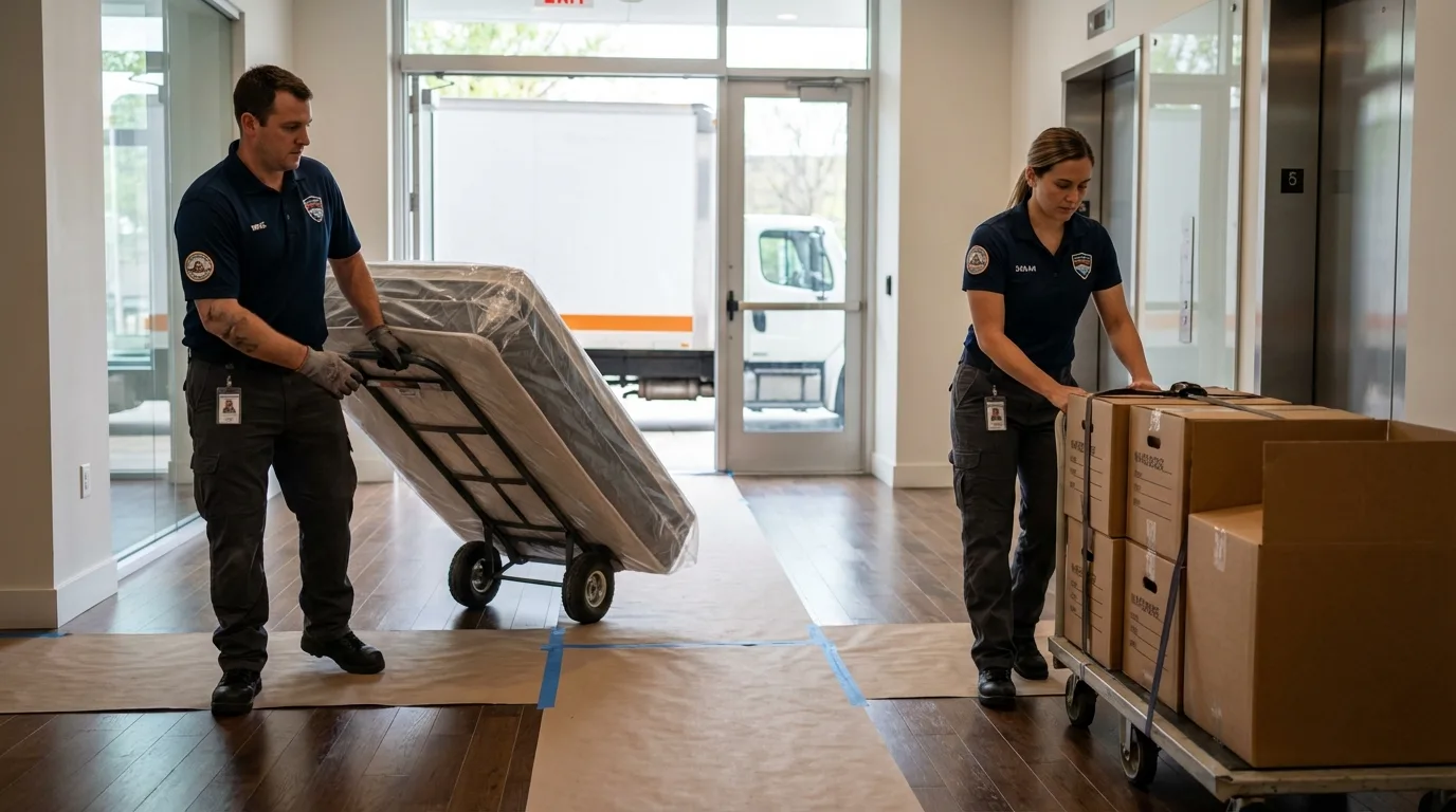 Professional apartment movers loading elevator in Shelby, AL